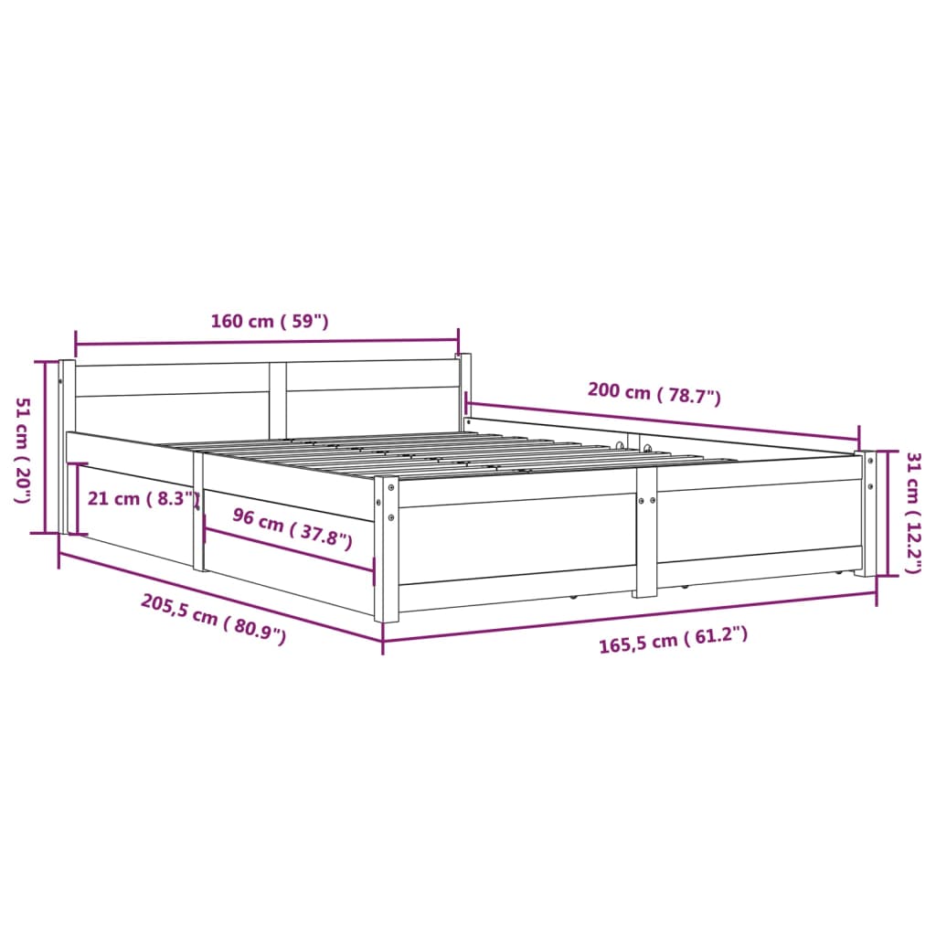 vidaXL Okvir za krevet s ladicama sivi 160 x 200 cm
