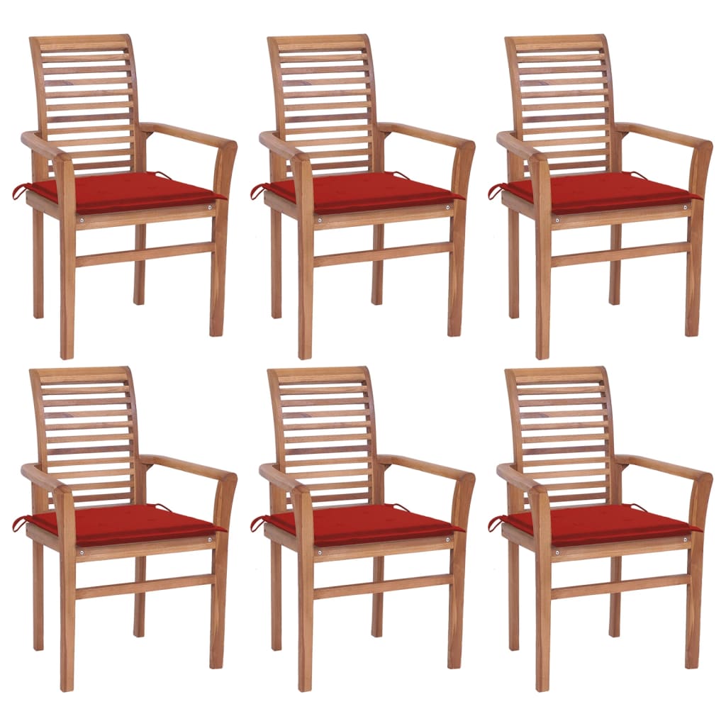 vidaXL Blagovaonske stolice s crvenim jastucima 6 kom od tikovine