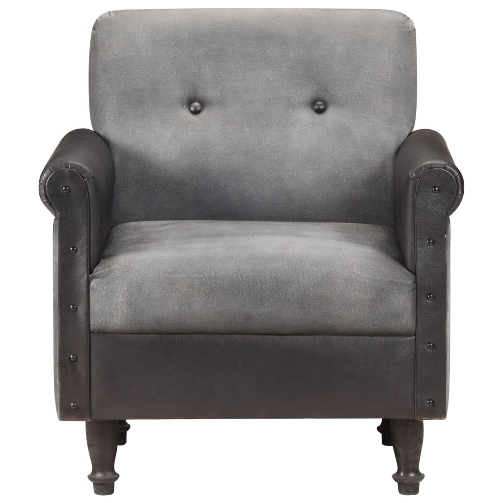 vidaXL Zaobljena fotelja od prave kože i platna crna