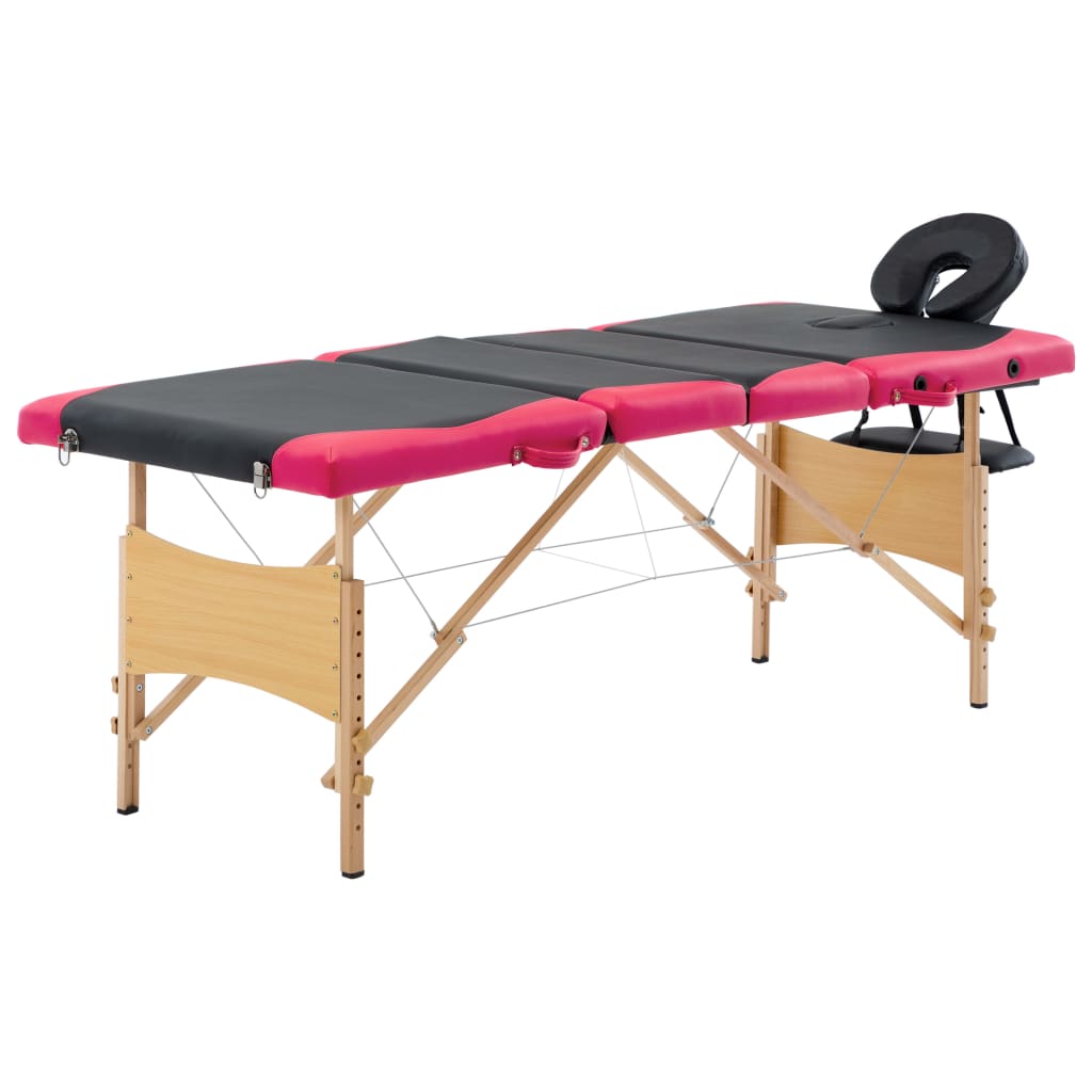 vidaXL Sklopivi stol za masažu s 4 zone drveni crno-ružičasti