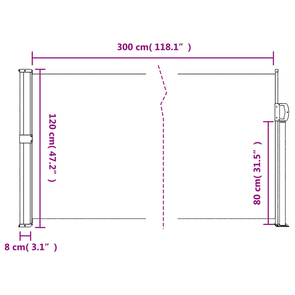vidaXL Uvlačiva bočna tenda 120 x 300 cm smeđa