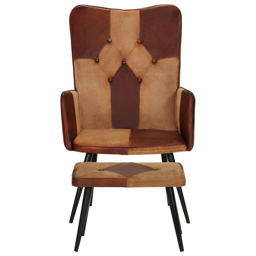 vidaXL Fotelja s osloncem za noge smeđa od prave kože i platna