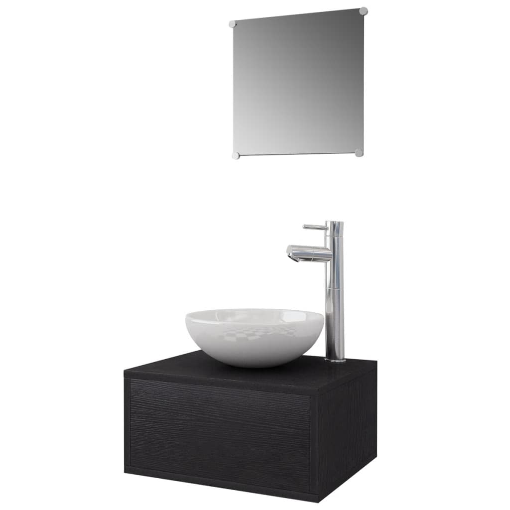 vidaXL 4-dijelni set kupaonskog namještaja s umivaonikom i slavinom crni