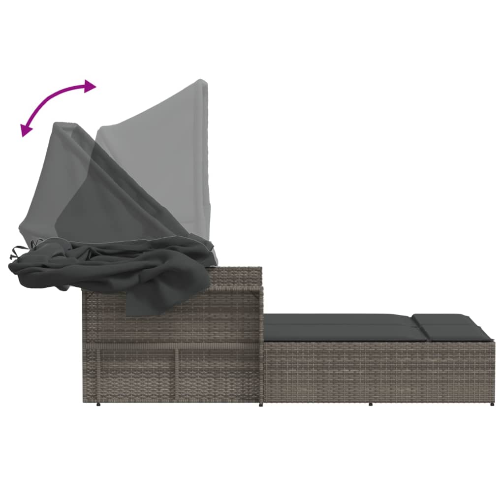 vidaXL Dupla ležaljka za sunčanje s krovom i jastucima siva poliratan