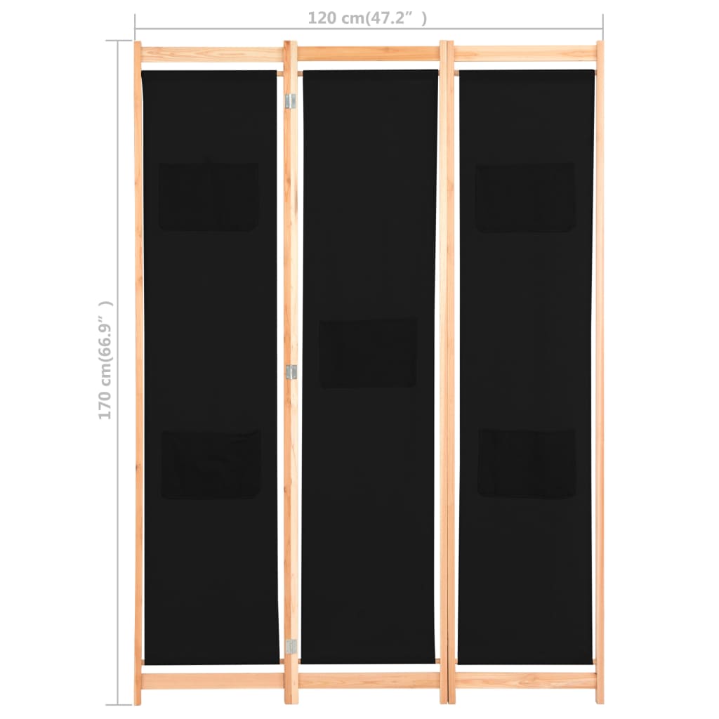 vidaXL Sobna pregrada s 3 panela od tkanine 120 x 170 x 4 cm crna