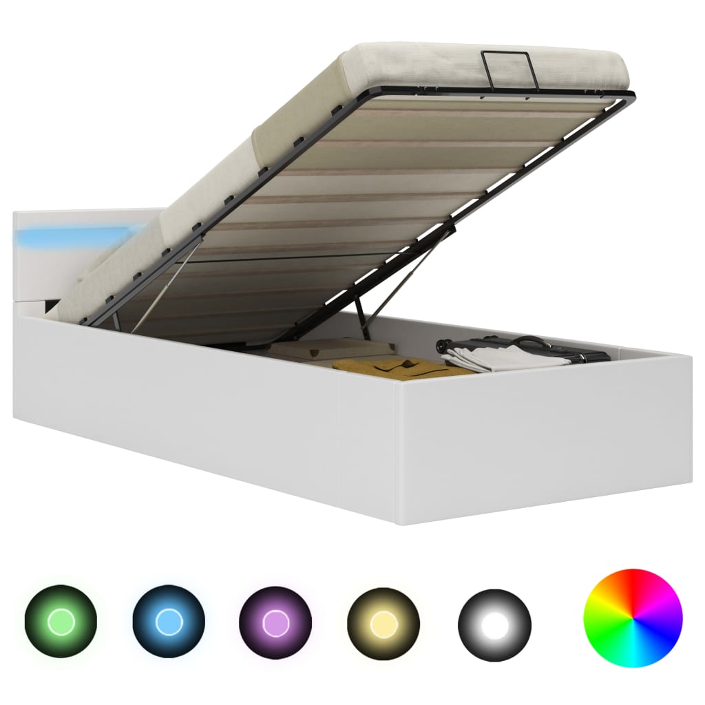 vidaXL Hidraulični okvir za krevet umjetna koža LED bijeli 90 x 200 cm