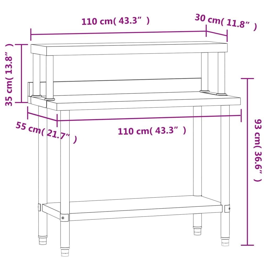 vidaXL Kuhinjski radni stol s policom 110x55x120 cm nehrđajući čelik