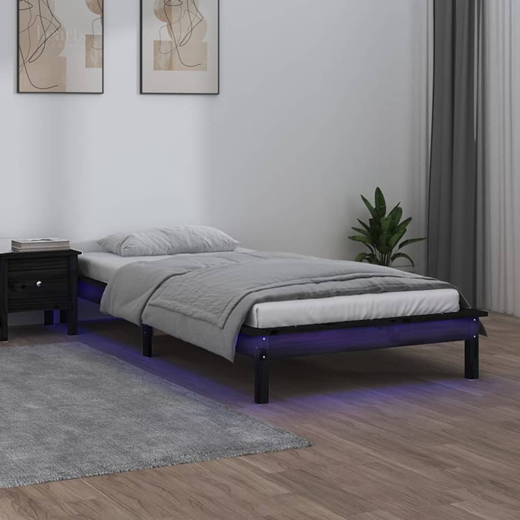 vidaXL LED okvir za krevet crni 90 x 200 cm od masivne borovine
