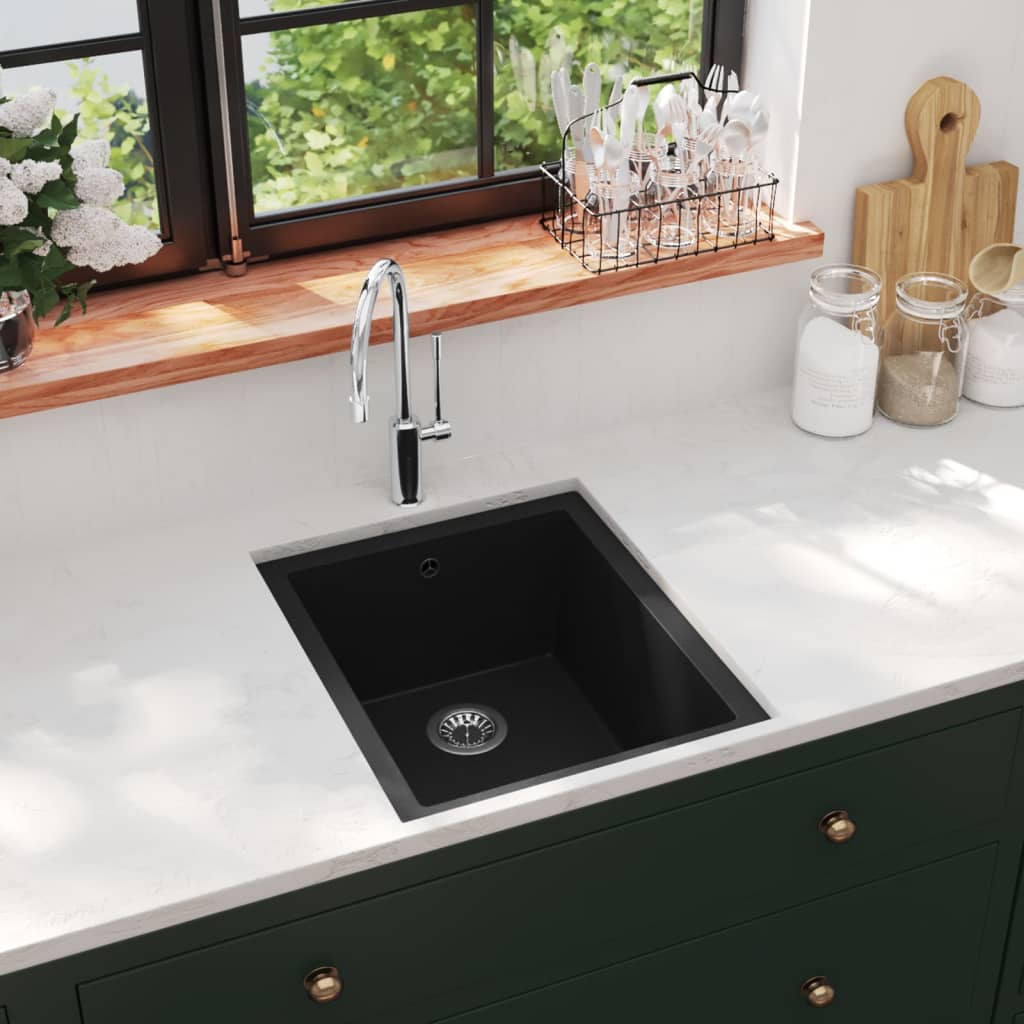 vidaXL Kuhinjski sudoper s otvorom protiv prelijevanja crni granitni