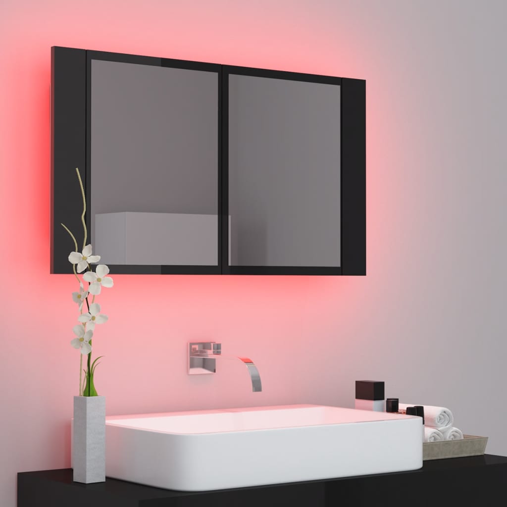 vidaXL LED kupaonski ormarić s ogledalom visoki sjaj crni akrilni