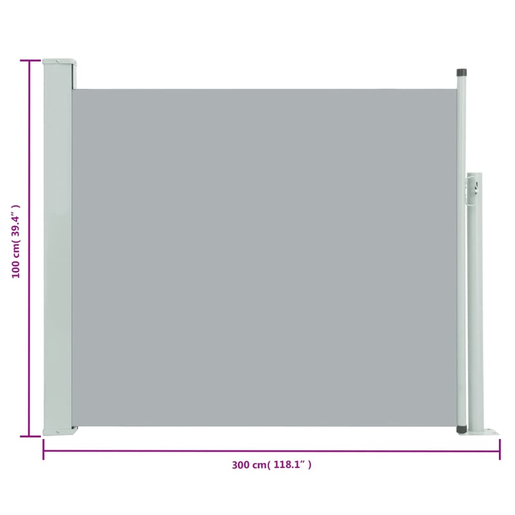 vidaXL Uvlačiva bočna tenda za terasu 100 x 300 cm siva