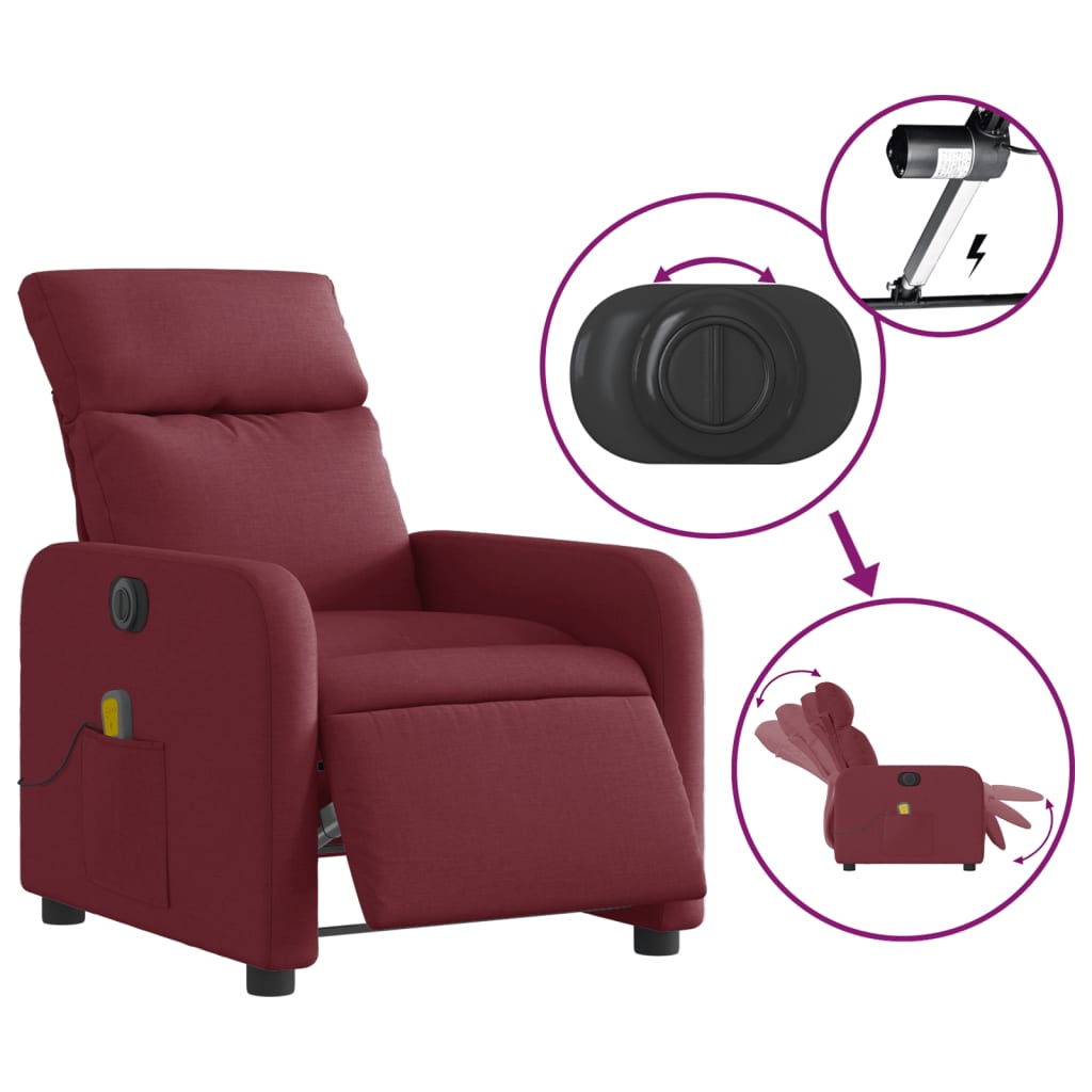vidaXL Električni masažni naslonjač od tkanine crvena boja vina