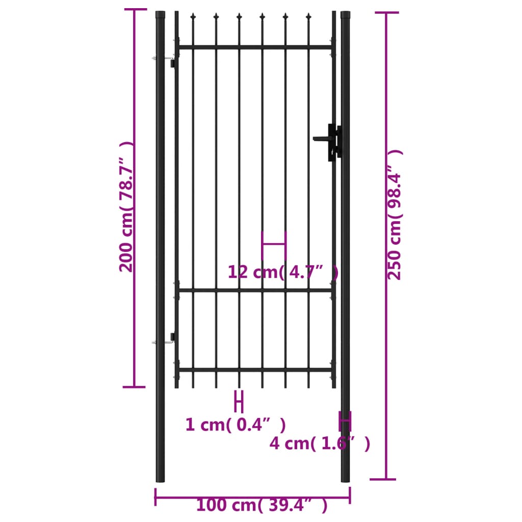 vidaXL Jednostruka vrata za ogradu sa šiljcima na vrhu 1 x 2 m crna