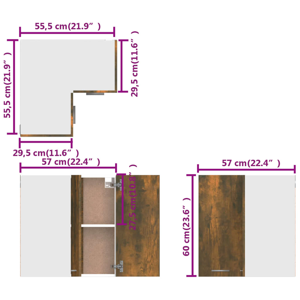 vidaXL Viseći kutni ormarić boja dimljenog hrasta 57x57x60 cm drveni