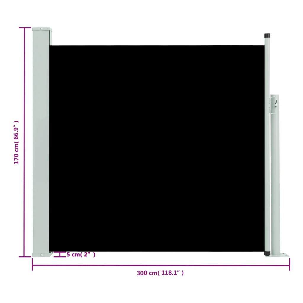 vidaXL Uvlačiva bočna tenda za terasu 170 x 300 cm crna
