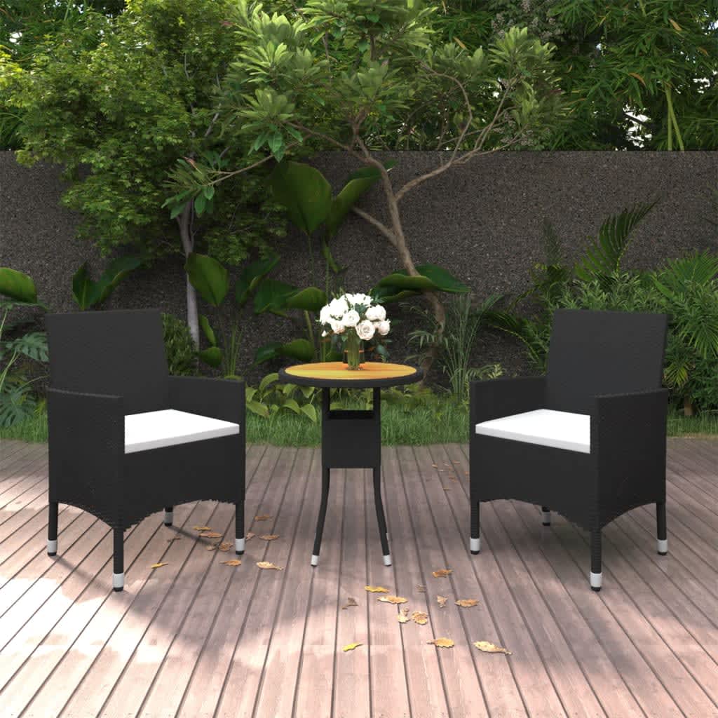 vidaXL 3-dijelni vrtni bistro set od poliratana i bagremovog drva crni