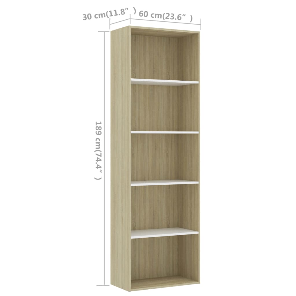 vidaXL Ormarić za knjige s 5 razina bijeli i hrast 60x30x189 cm drveni