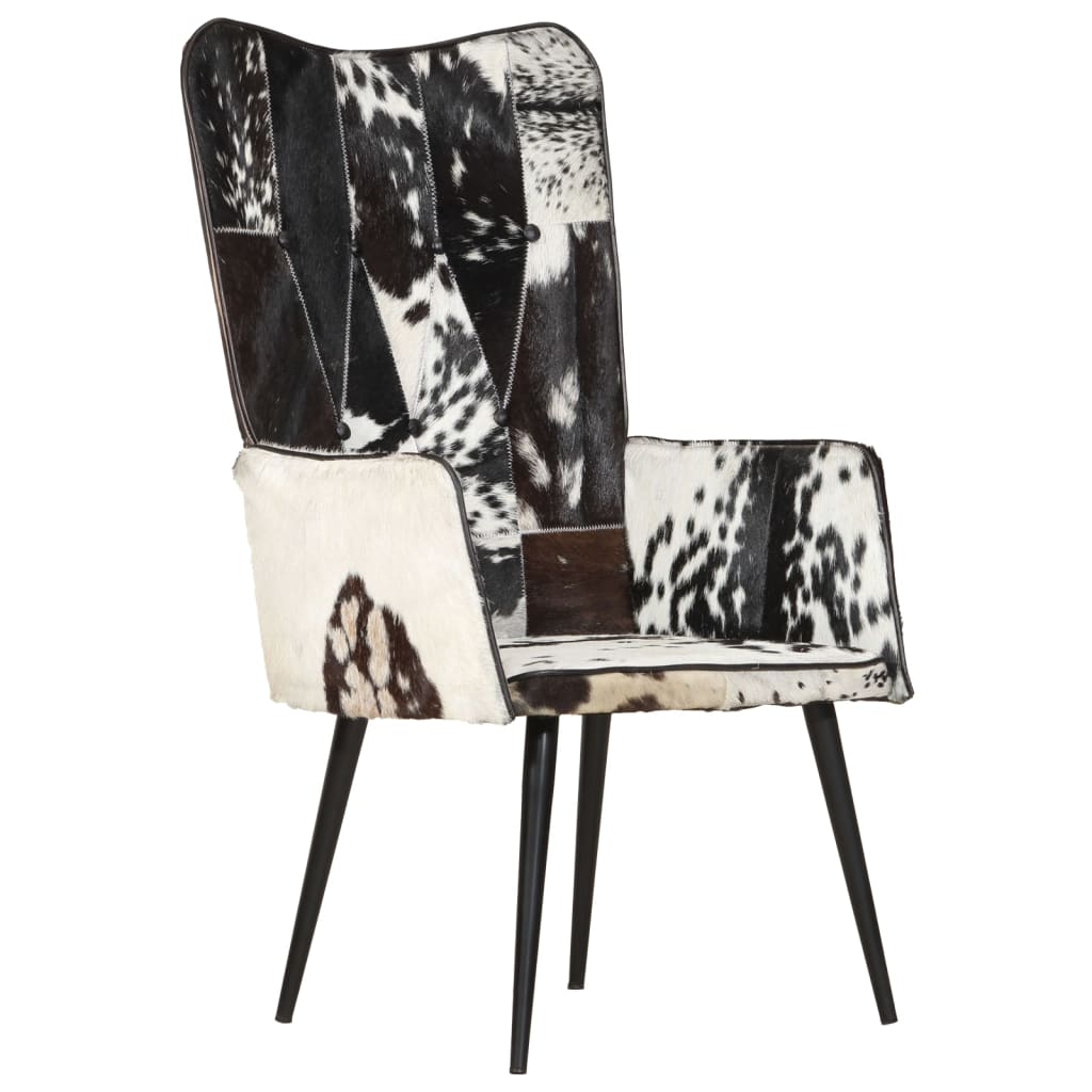 vidaXL Dlakava fotelja s krilnim naslonom od prave kože crno-bijela