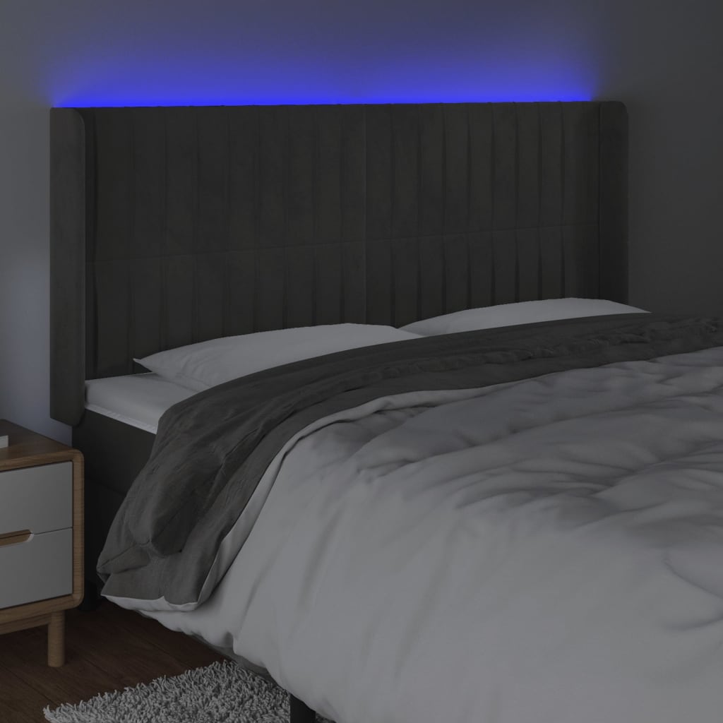 vidaXL LED uzglavlje tamnosivo 183 x 16 x 118/128 cm baršunasto