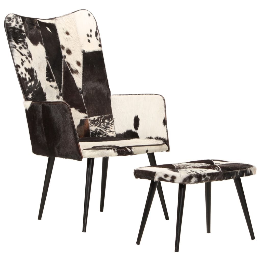 vidaXL Fotelja od prave kože s krilnim naslonom i tabureom crna