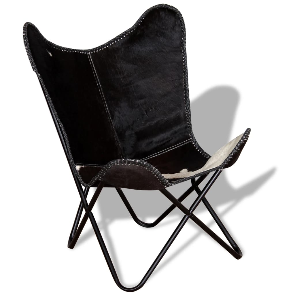 vidaXL Leptir-stolica crno-bijela od prave kravlje kože