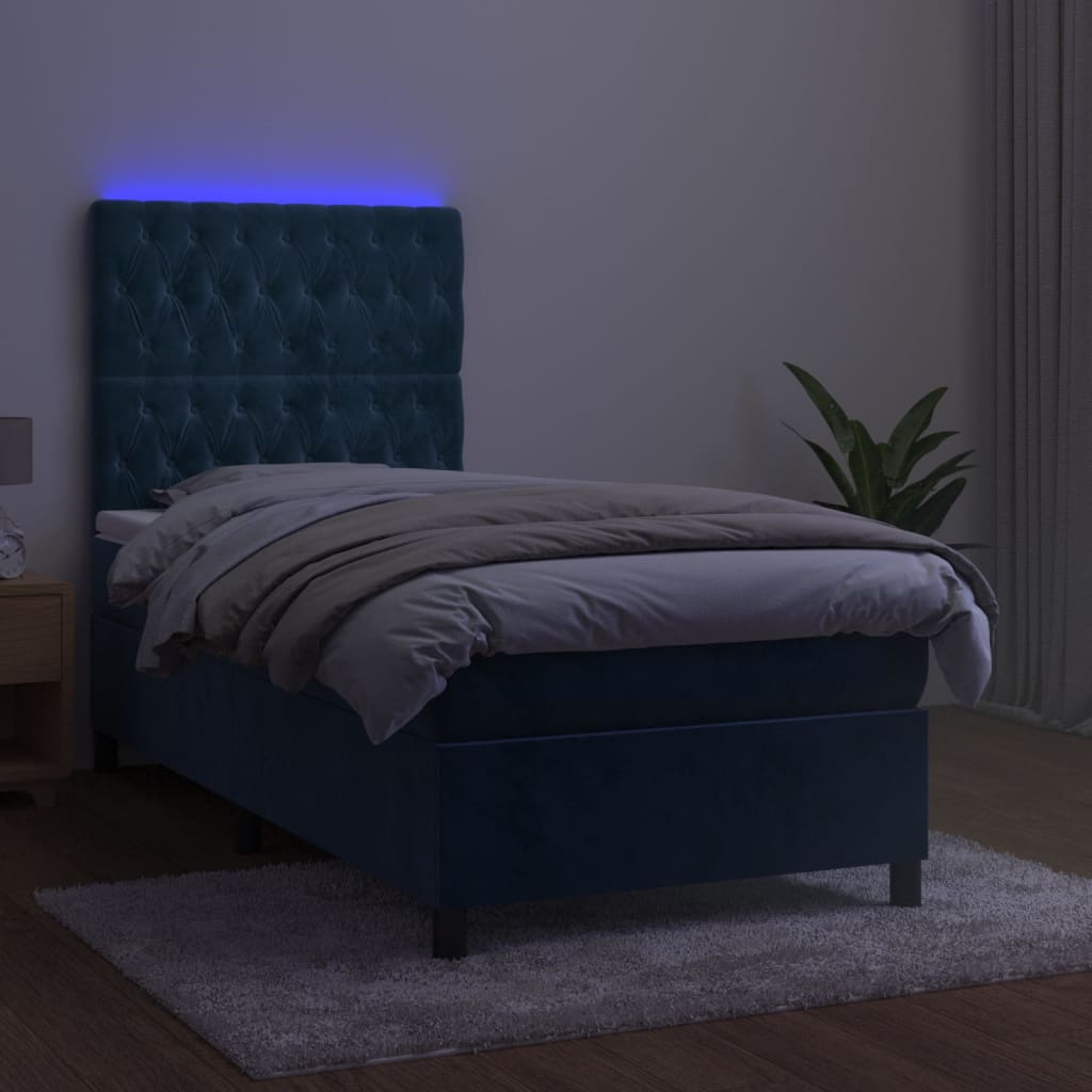 vidaXL Krevet box spring s madracem LED tamnoplavi 100x200 cm baršun