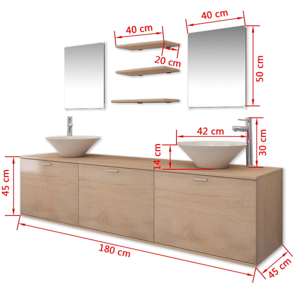 vidaXL 10-dijelni set kupaonskog namještaja s umivaonikom i slavinom bež