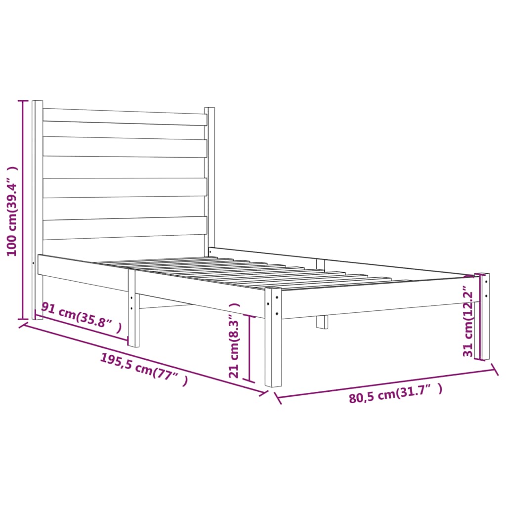 vidaXL Okvir za krevet od borovine 75 x 190 cm mali jednokrevetni