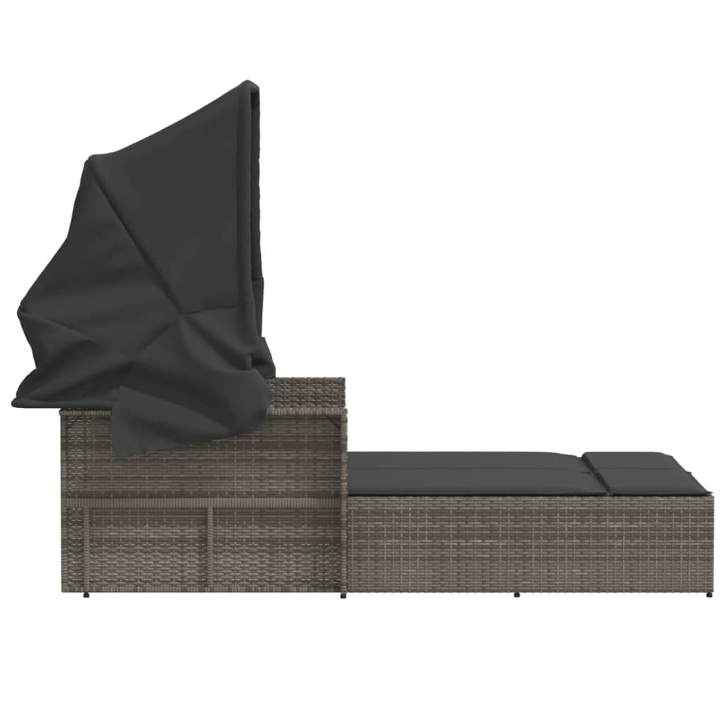 vidaXL Dupla ležaljka za sunčanje s krovom i jastucima siva poliratan