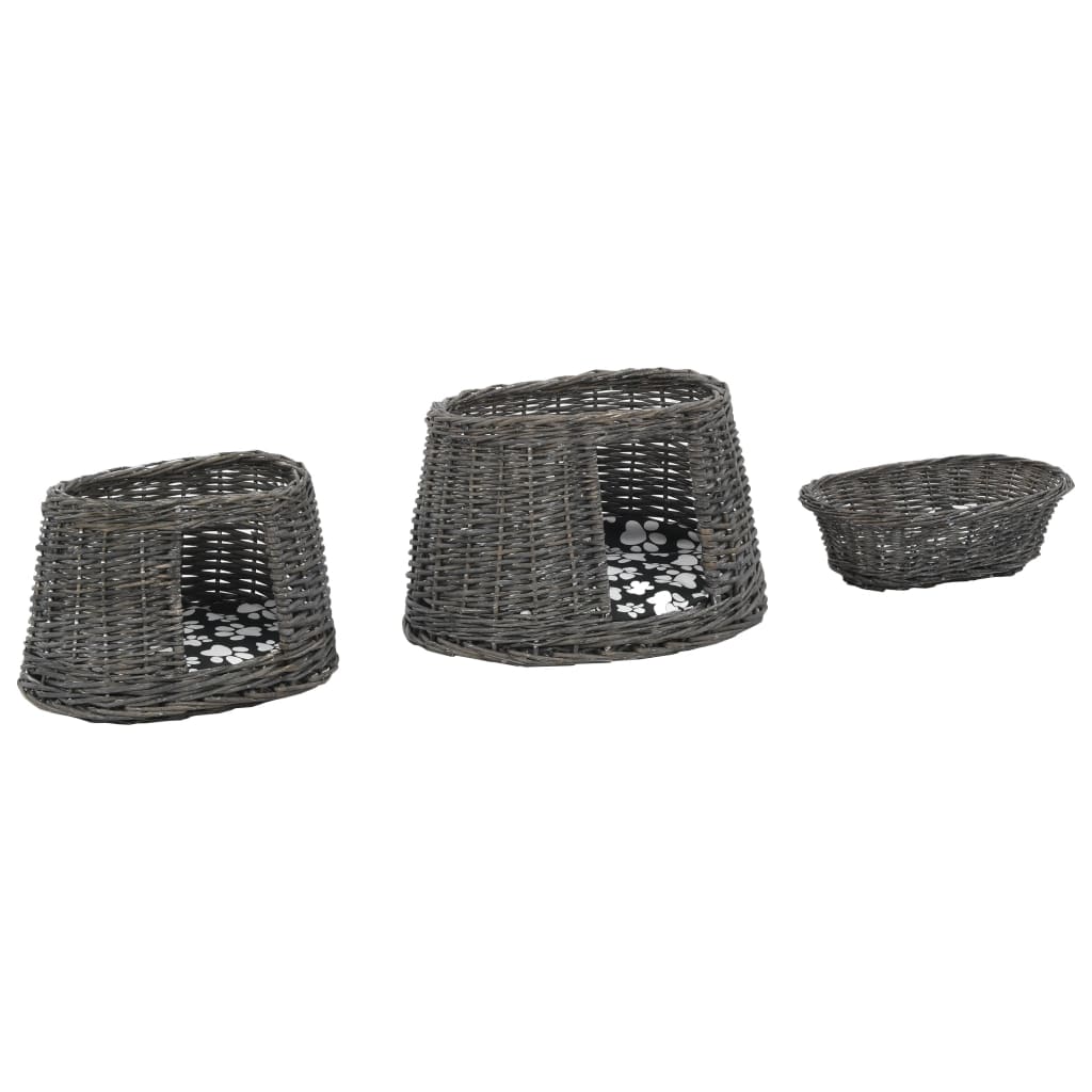 vidaXL 3-dijelni set košara za mačke s jastucima sivi 47x34x60 cm vrba