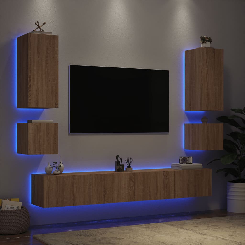 vidaXL 6-dijelni zidni TV ormarići s LED svjetlima boja hrasta sonome