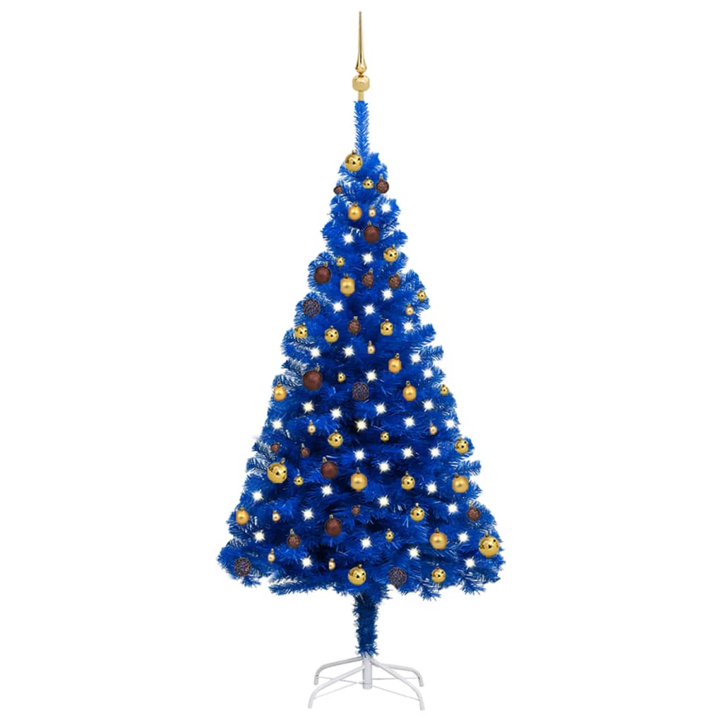 vidaXL Umjetno osvijetljeno božićno drvce s kuglicama plavo 180 cm PVC
