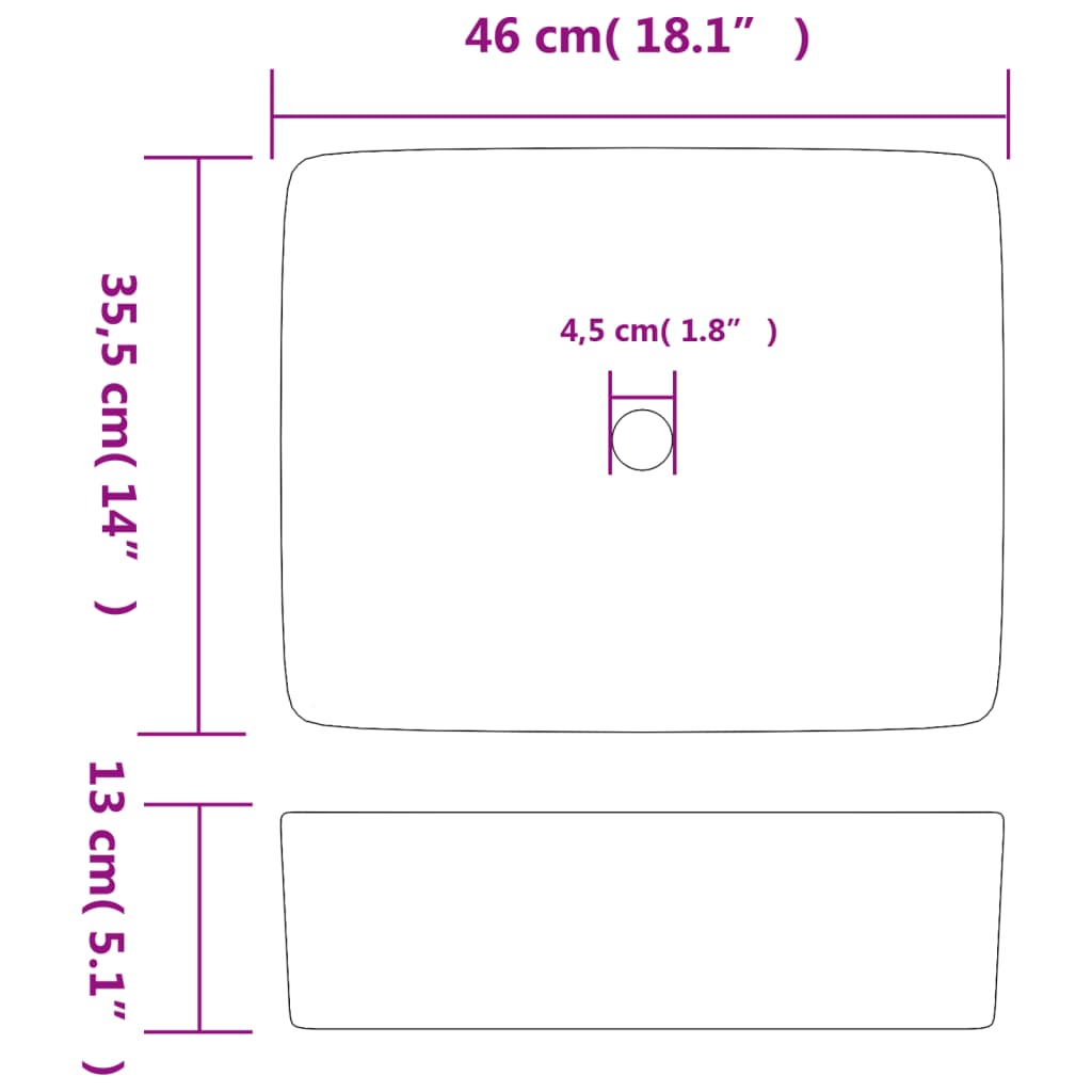 vidaXL Nadgradni umivaonik bijeli pravokutni 46x35,5x13 cm keramički