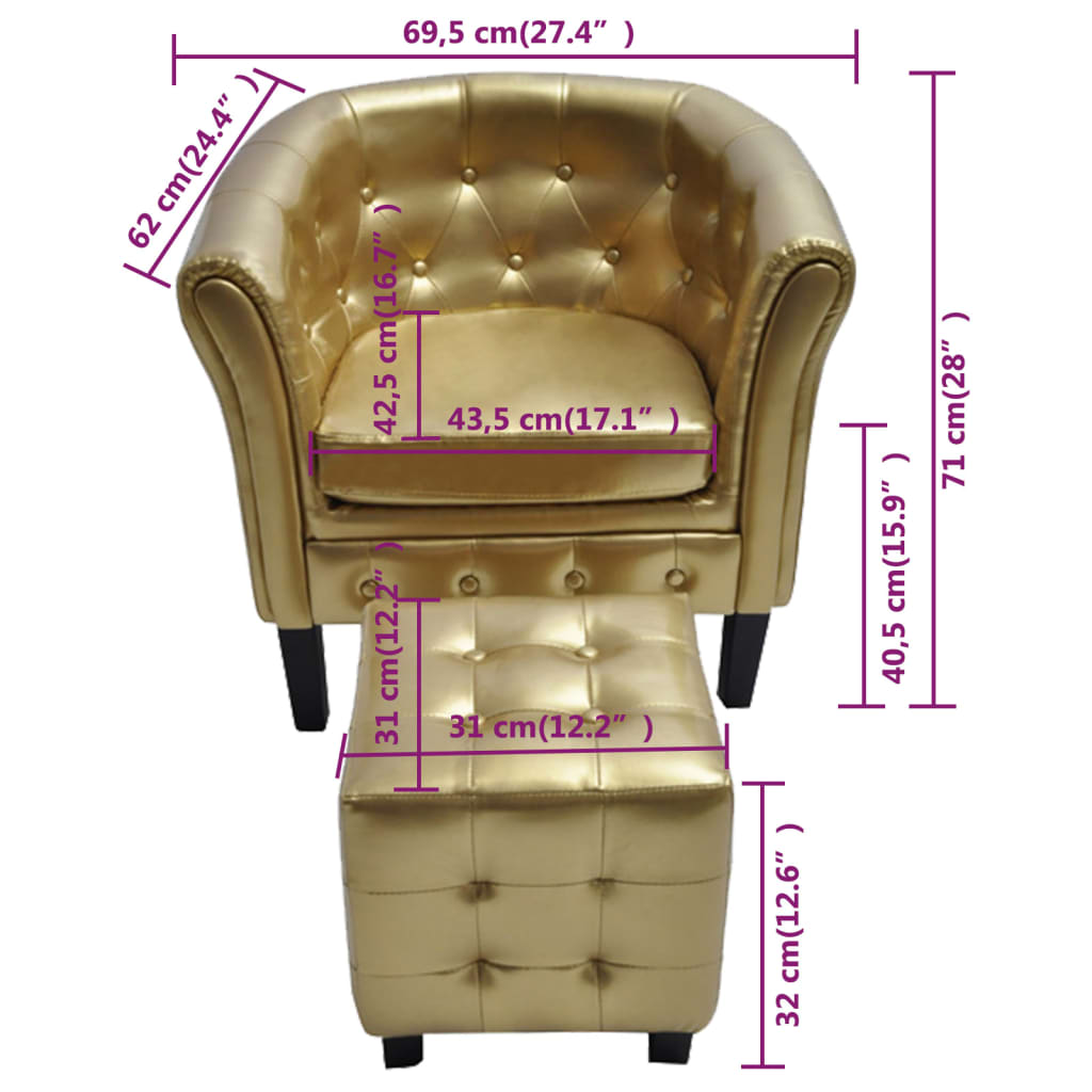 vidaXL Fotelja od umjetne kože s osloncem za noge zlatna