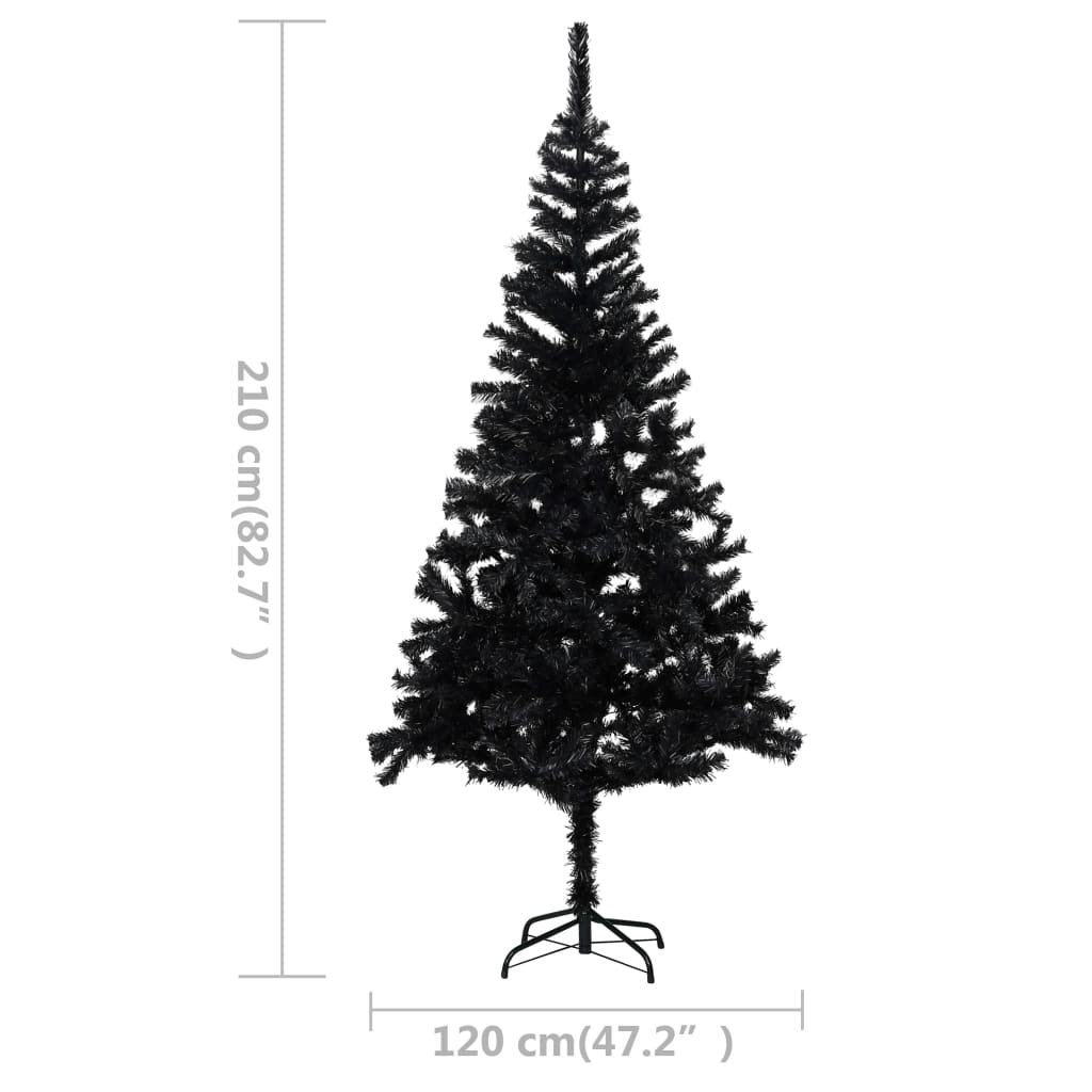 vidaXL Umjetno osvijetljeno božićno drvce s kuglicama crno 210 cm PVC