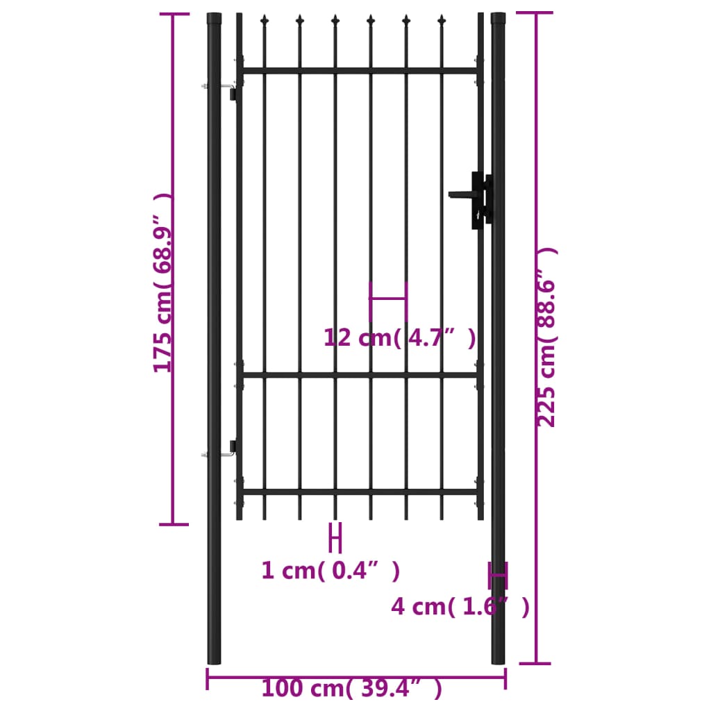 vidaXL Jednostruka vrata za ogradu sa šiljcima na vrhu 1 x 1,75 m crna
