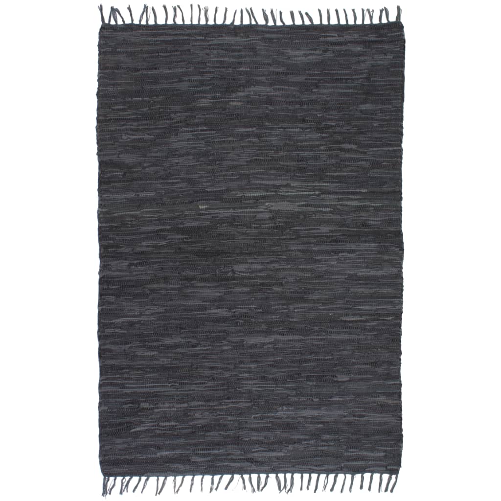 vidaXL Ručno tkani tepih Chindi od kože 120 x 170 cm sivi