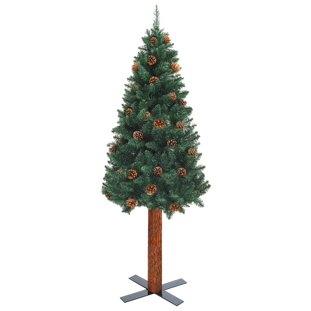 vidaXL Tanko osvijetljeno božićno drvce s kuglicama zeleno 210 cm PVC