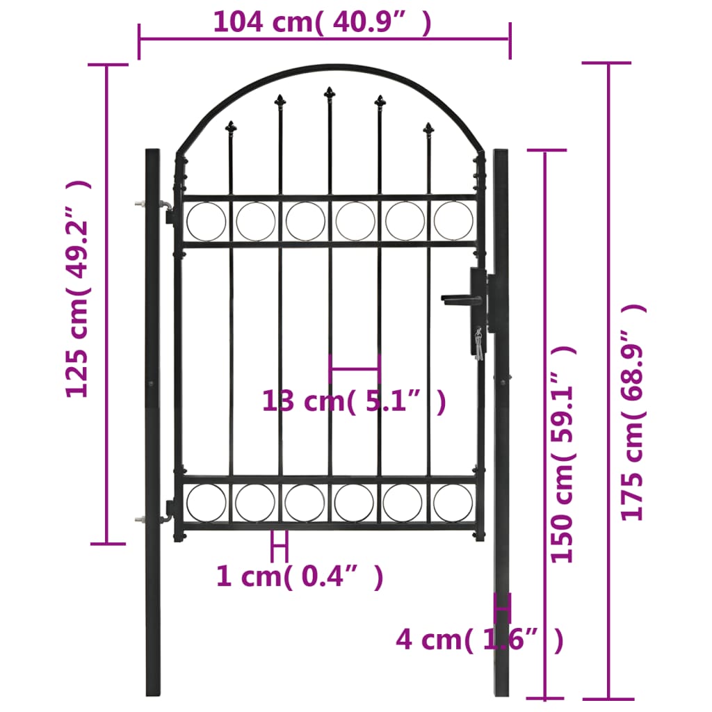 vidaXL Vrata za ogradu s lučnim vrhom čelična 100 x 125 cm crna