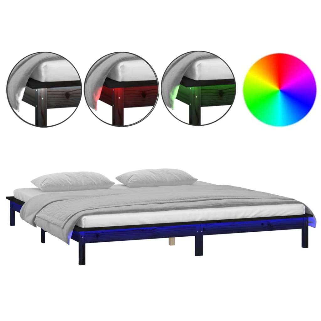 vidaXL LED okvir kreveta crni 135 x 190 cm bračni od masivnog drva