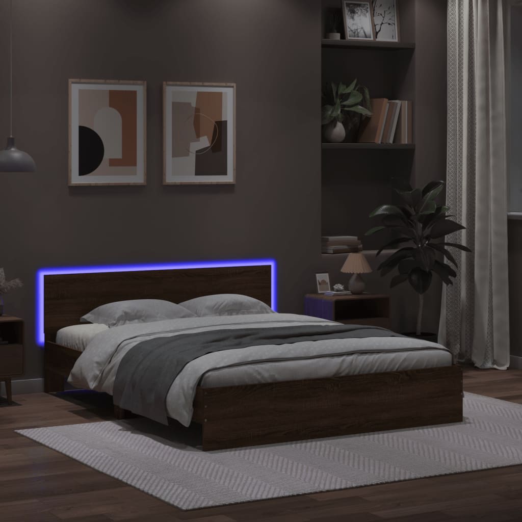 vidaXL Okvir za krevet s uzglavljem i LED boja smeđeg hrasta 160x200cm