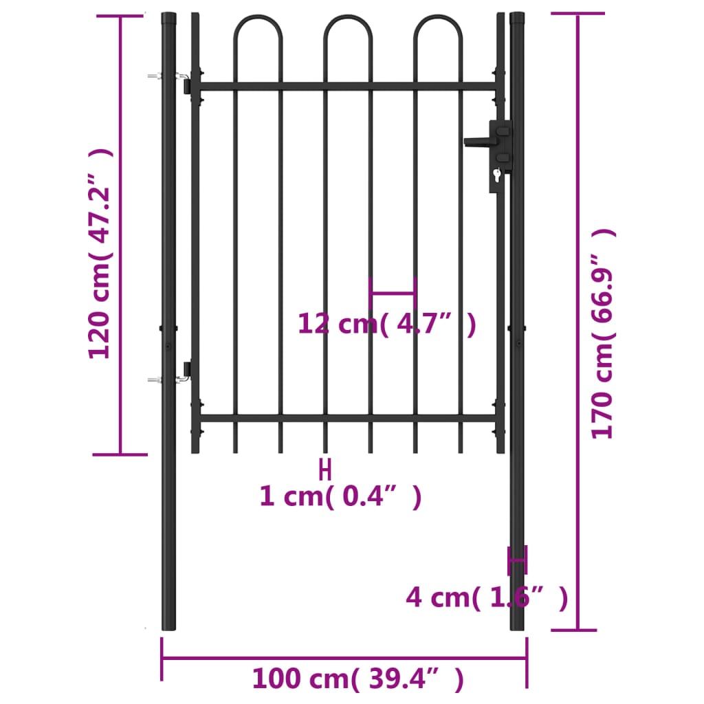 vidaXL Jednostruka vrata za ogradu s lučnim vrhom čelična 1x1,2 m crna