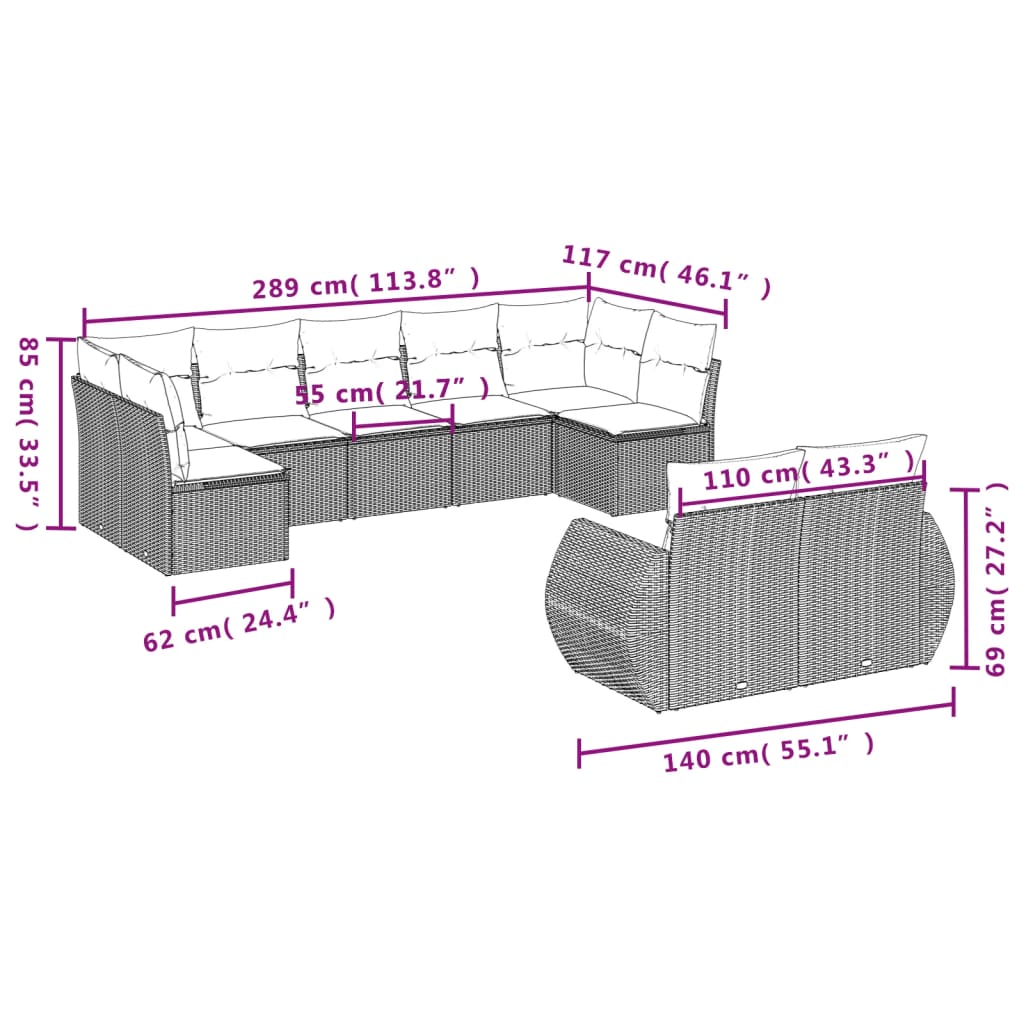 vidaXL 9-dijelni set vrtnih sofa od poliratana s jastucima sivi