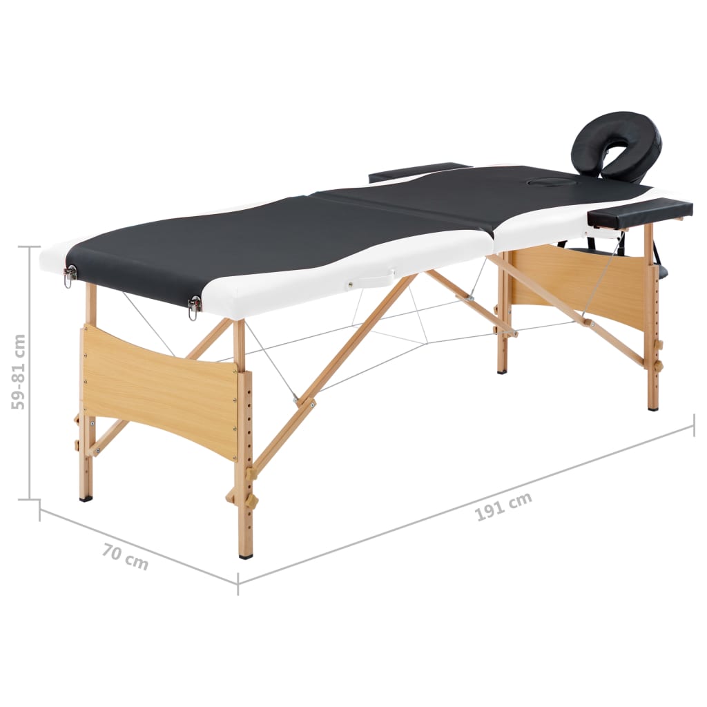 vidaXL Sklopivi stol za masažu s 2 zone drveni crno-bijeli