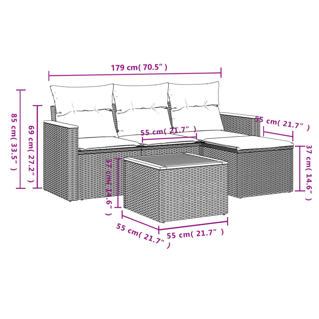 vidaXL 5-dijelni set vrtnih sofa s jastucima bež od poliratana