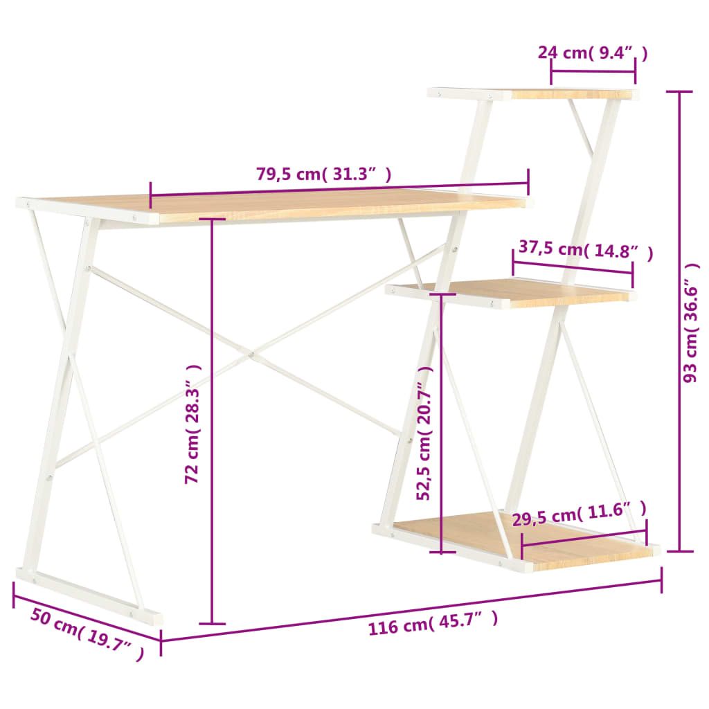 vidaXL Radni stol s policom bijeli i boja hrasta 116 x 50 x 93 cm