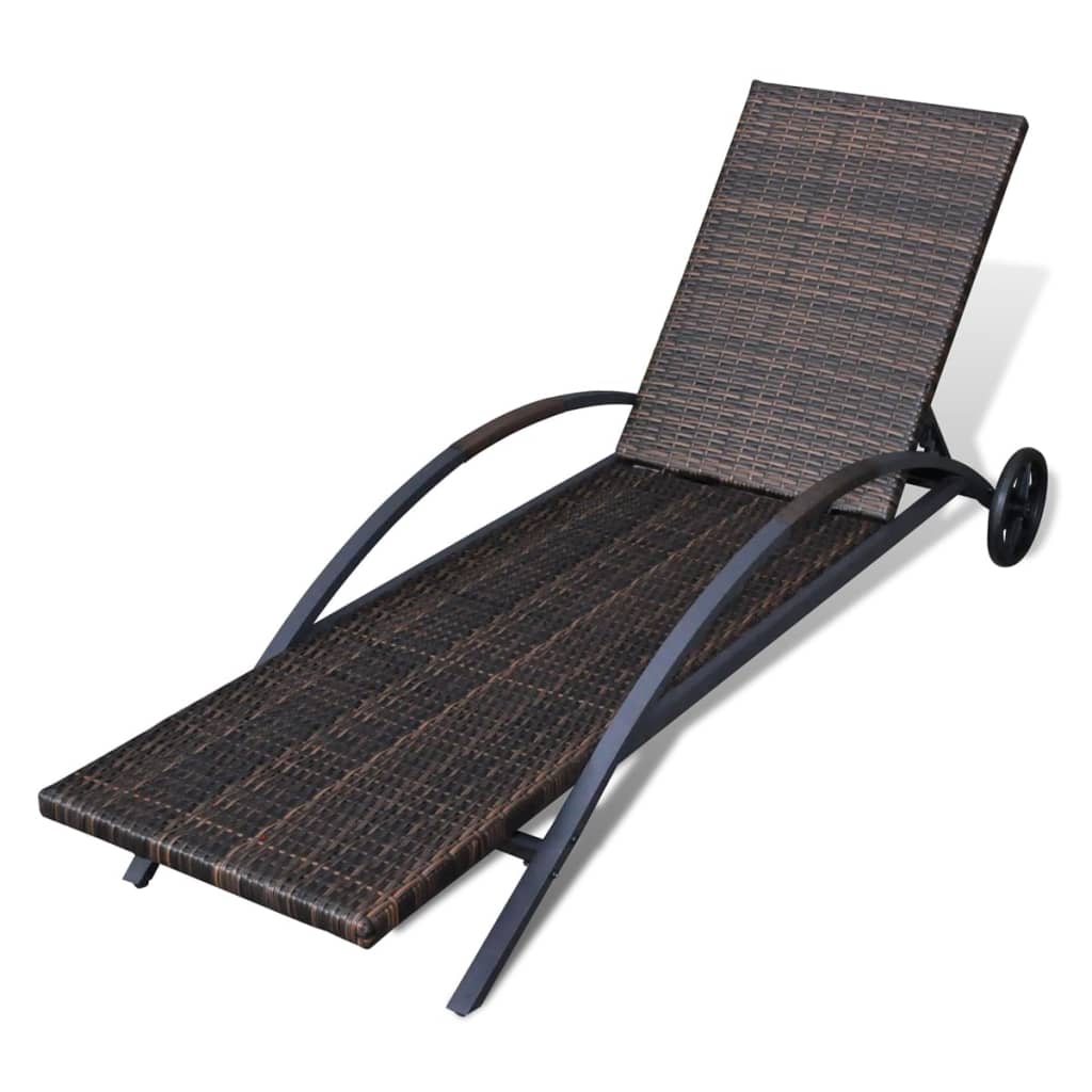 vidaXL Ležaljka za sunčanje od poliratana s jastukom i kotačima smeđa