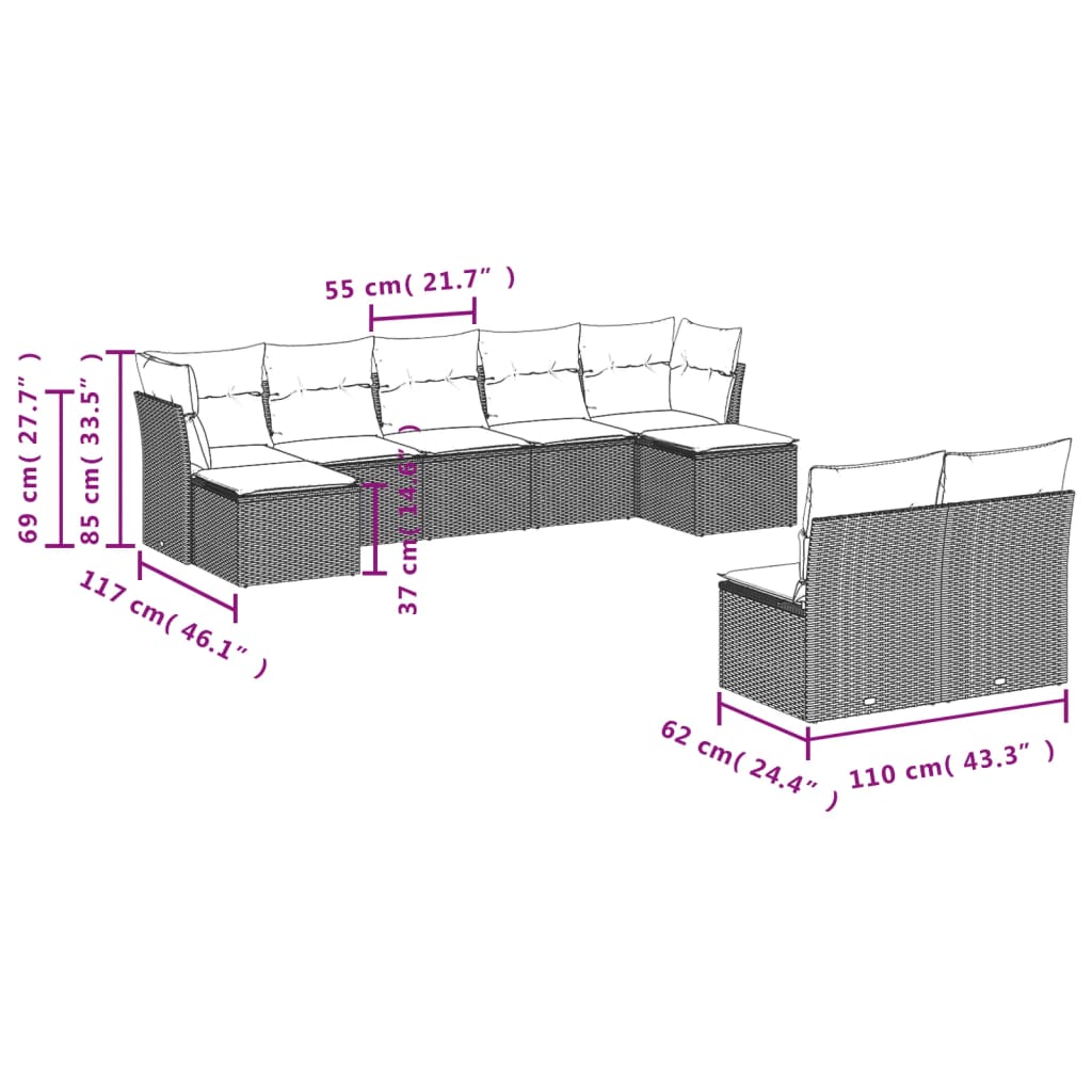 vidaXL 9-dijelni set vrtnih sofa s jastucima poliratan smeđi