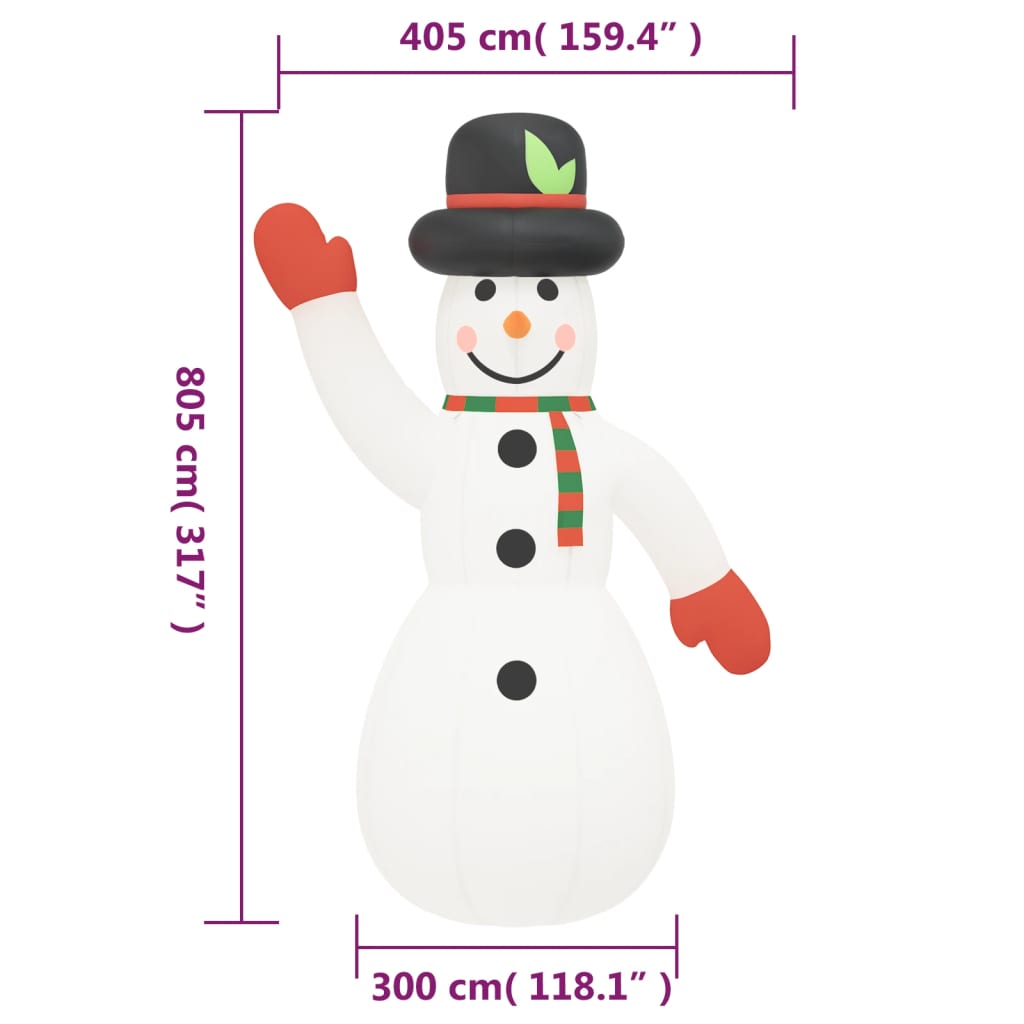 vidaXL Božićni snjegović na napuhavanje s LED svjetlima 805 cm