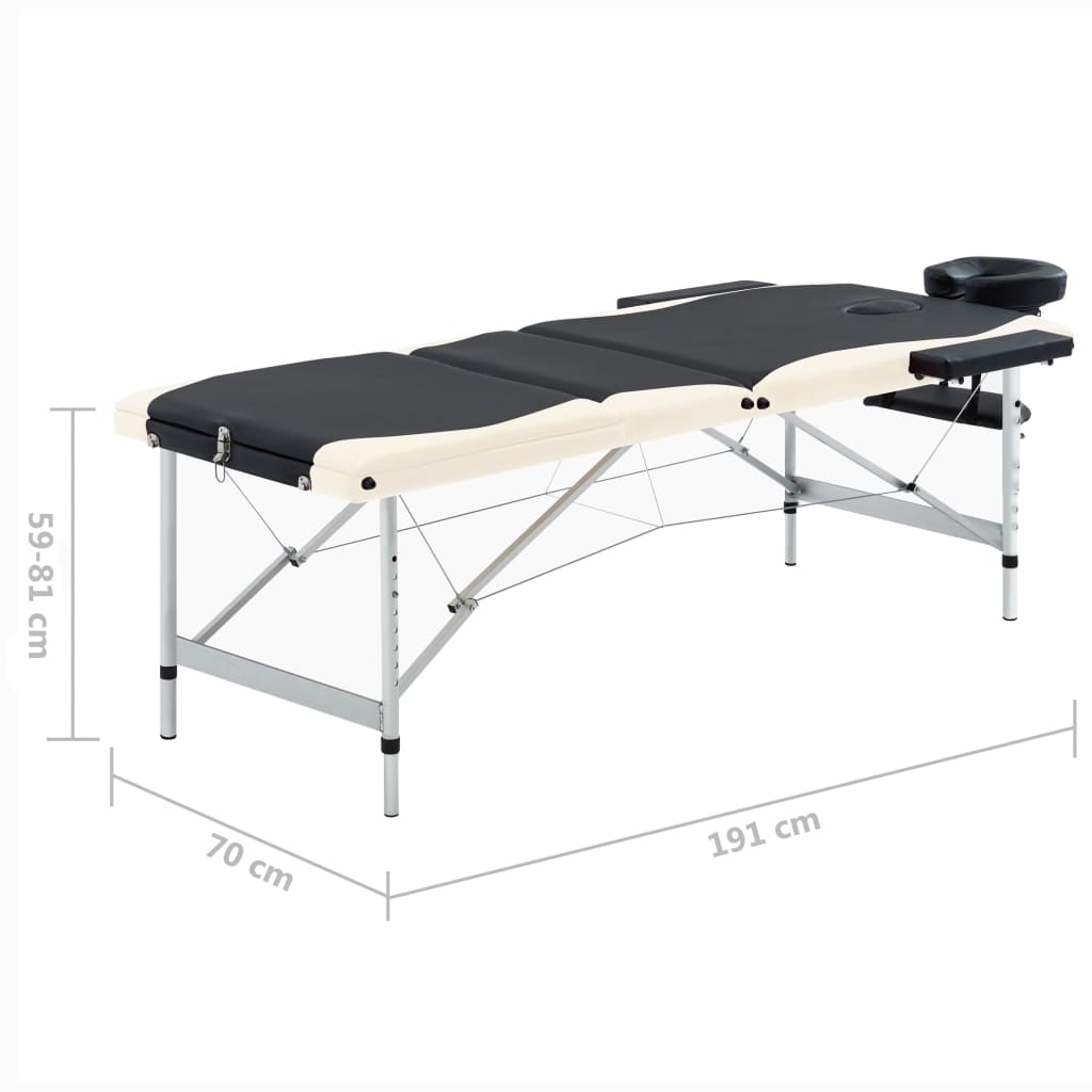 vidaXL Sklopivi stol za masažu s 3 zone aluminijski crni i bež